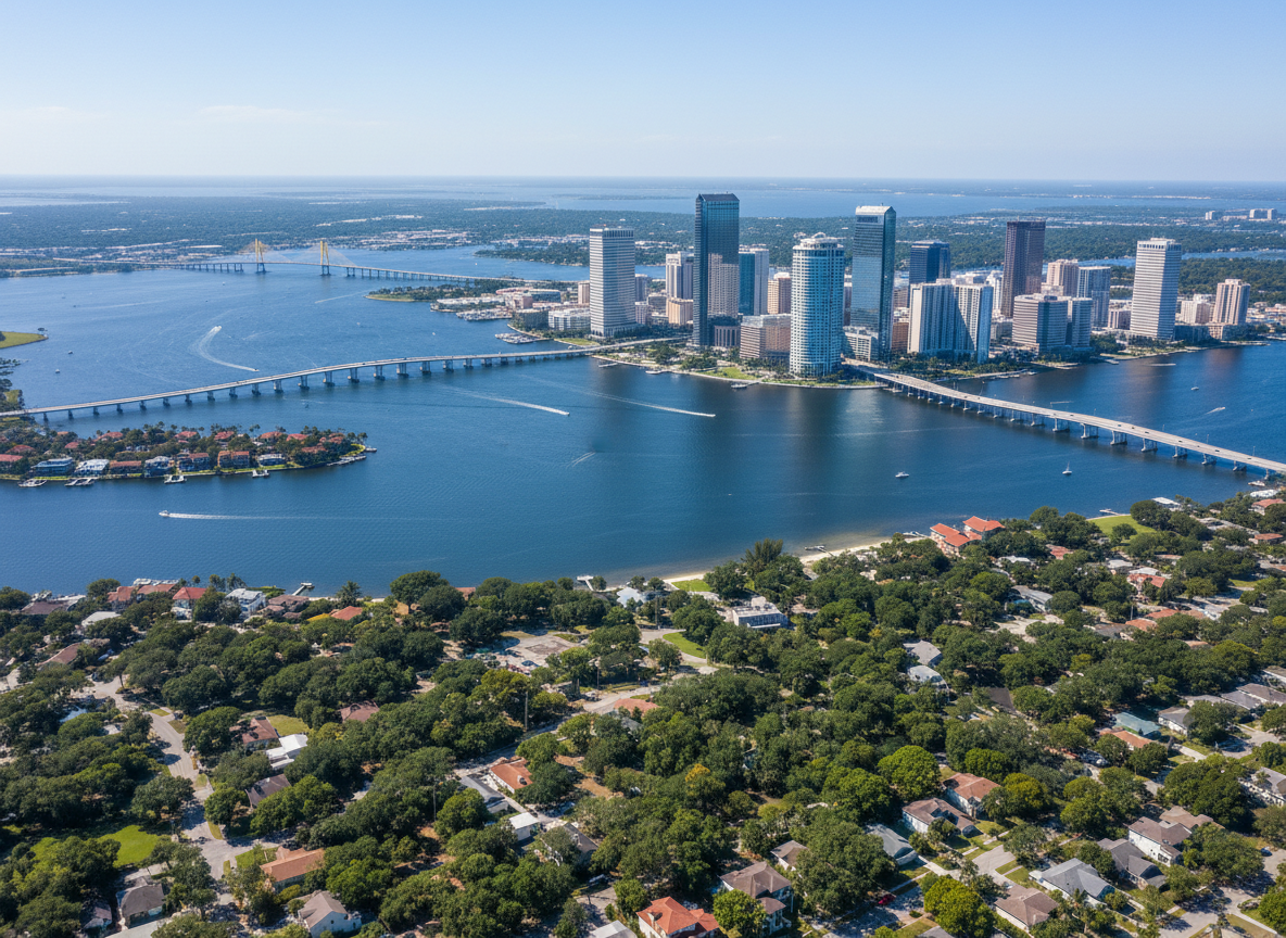Aerial photograph of Tampa Bay, Florida — showing the downtown Tampa skyline, the blue waters of Tampa Bay, and the iconic bridges spanning the bay, taken on a clear sunny day with lush green neighborhoods visible along the waterfront