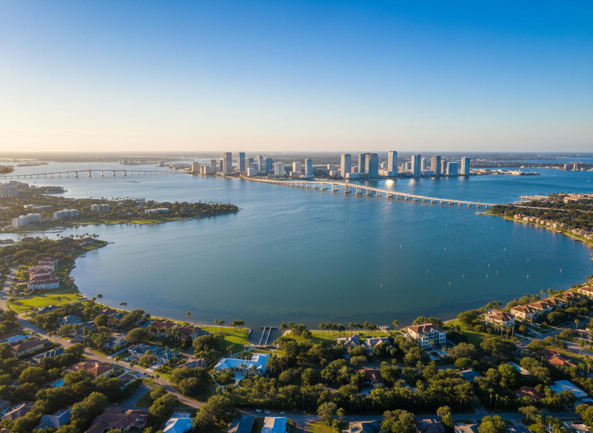 Aerial photograph of Tampa Bay, Florida waterfront — showing the bay waters, the St. Petersburg and Tampa skyline in the distance, bridges crossing the bay, lush green neighborhoods, and clear blue Florida sky. Warm, sunny, vibrant and inviting.